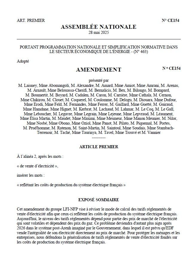 Article premier N°CE154 de l'assemblée Nationale du 28 mai 2025 : Portrait programmation nationale et simplification normative dans le secteur économique de l'énergie (n°463)